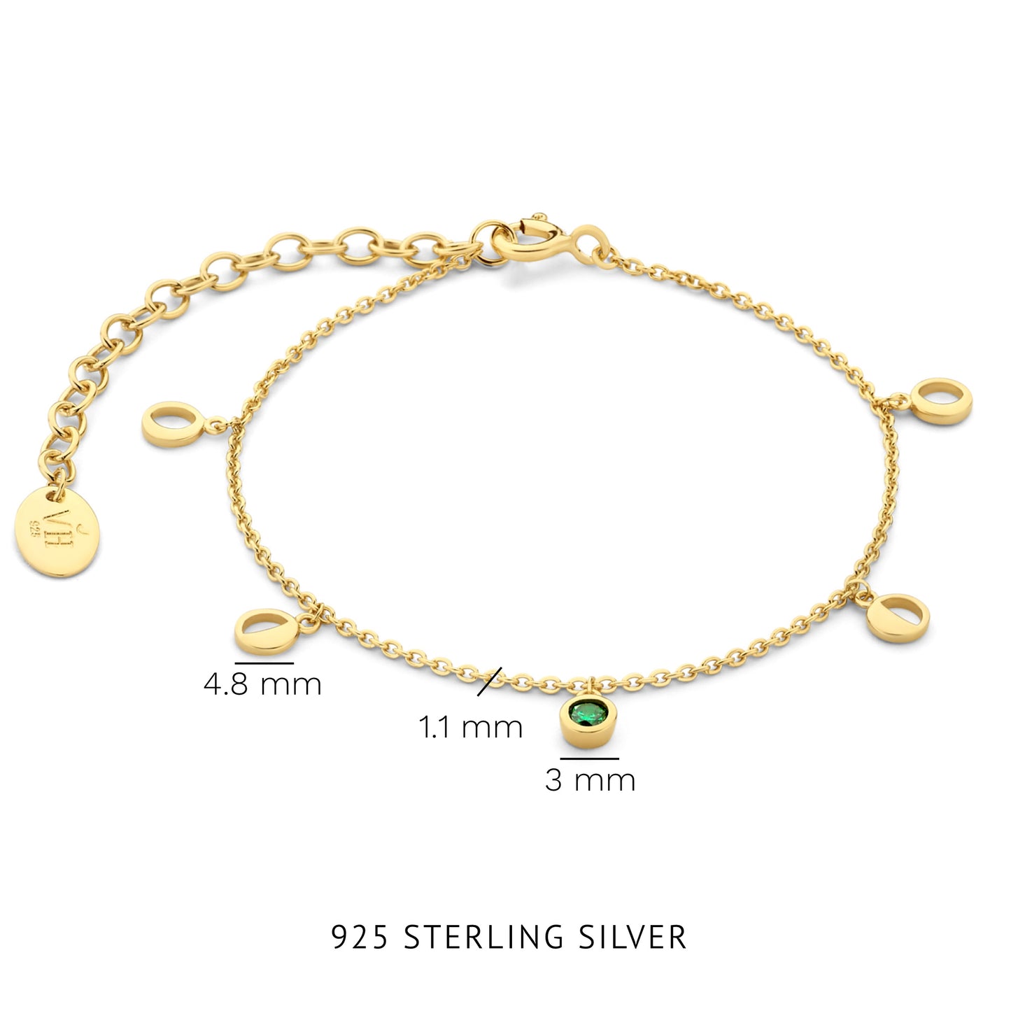 Luna bracelet en argent sterling 925 plaqué or et oxyde de zirconium vert