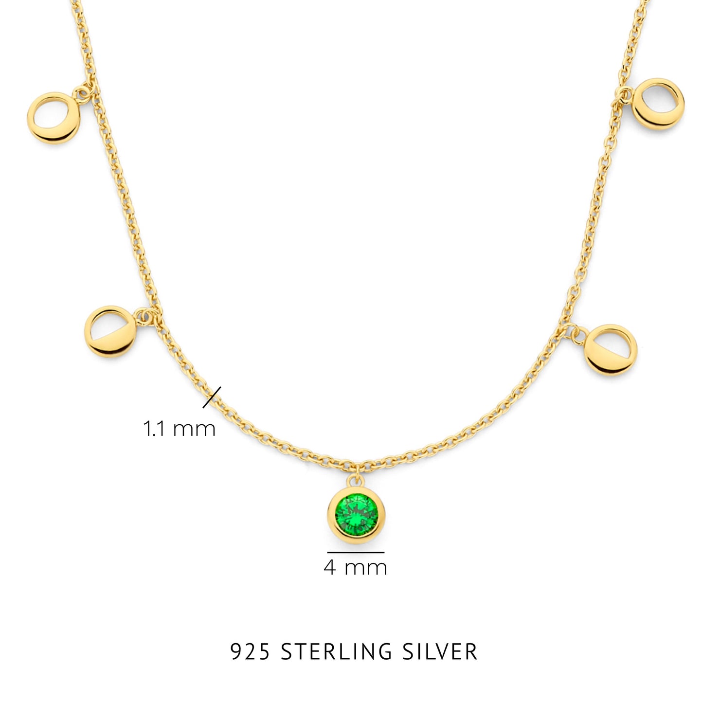 Luna collana in argento sterling 925 placcata oro con pietra zircone verde