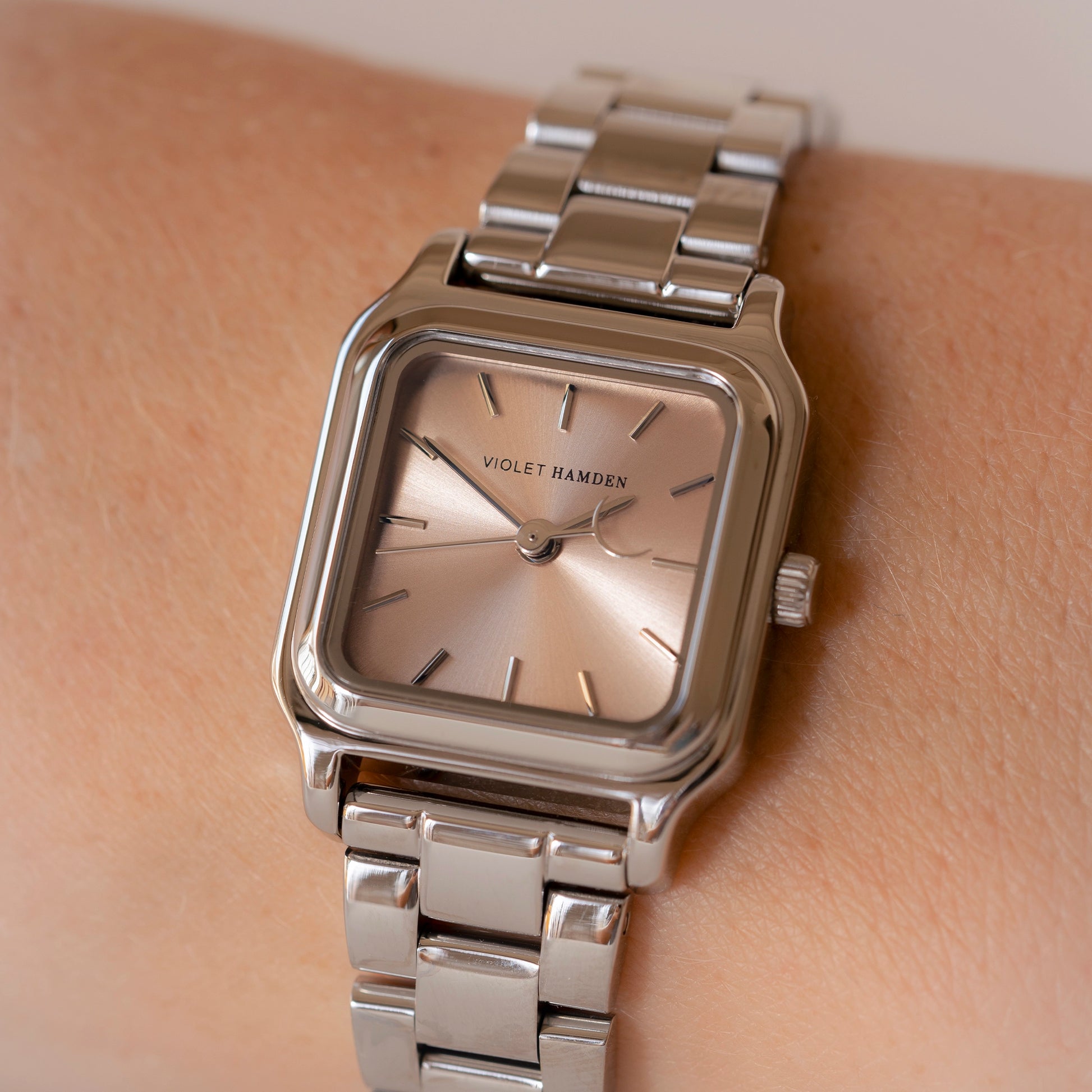 Dawn Base square ladies watch silver coloured and taupe - Violet Hamden