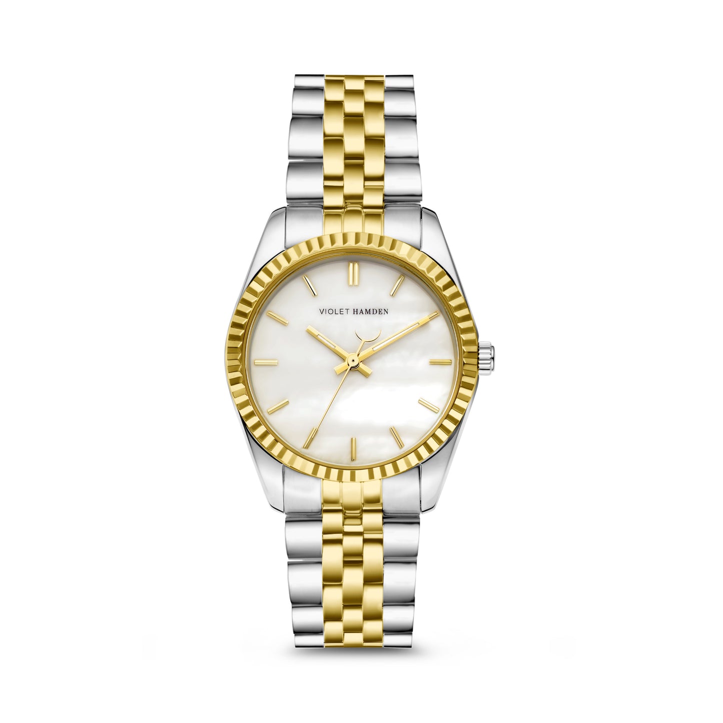 Sunrise round ladies watch gold and silver coloured and mother of pearl