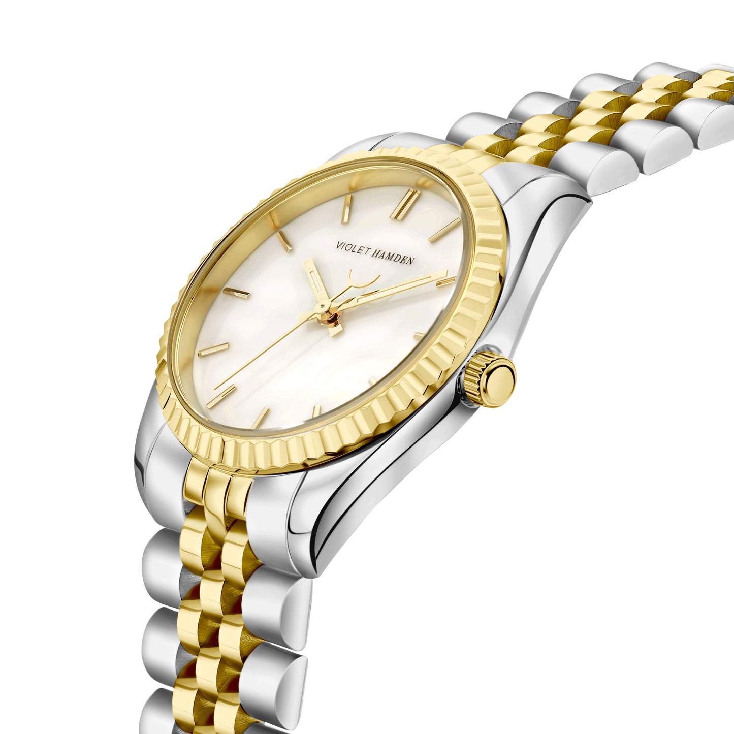 Sunrise round ladies watch gold and silver coloured and mother of pearl