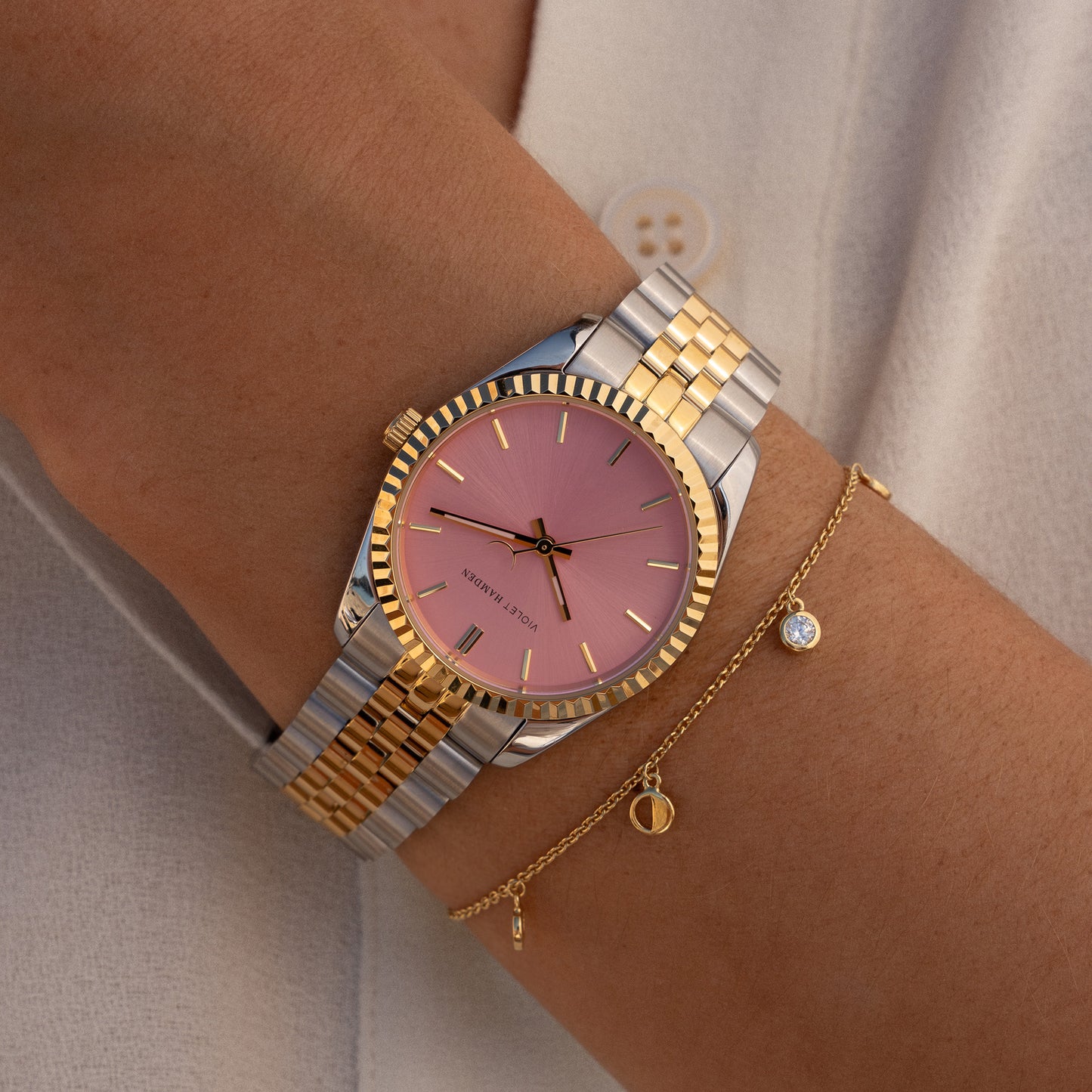 Sunrise orologio da donna rotondo color argento e oro e rosa