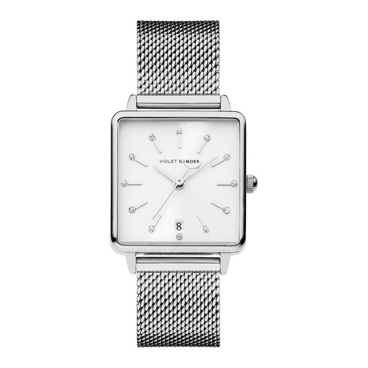 Dawn Base square ladies watch silver coloured and white - Violet Hamden