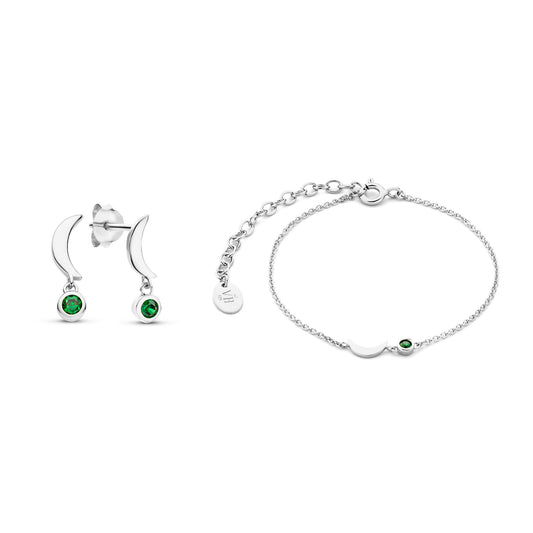 Violet's Gift 925 sterling silver armband och öronbultar presentbox med gröna zirkonia stenar