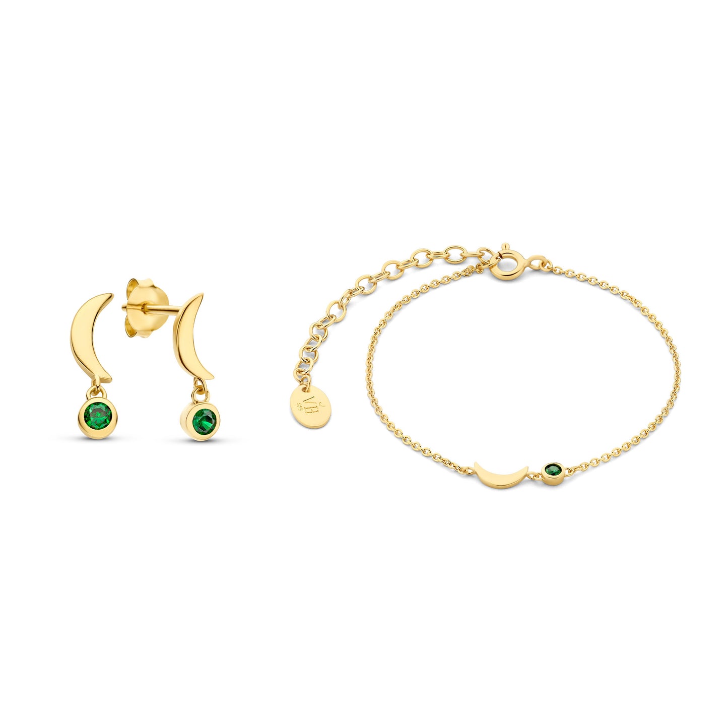 Violet's Gift 925 sterling silver gold plated bracelet and ear studs gift set with green zirconia stones